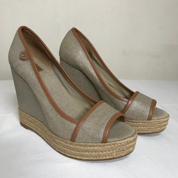 Tory Burch Plata Royal Majorca Linen & Leather Espadrille Wedge Size 10